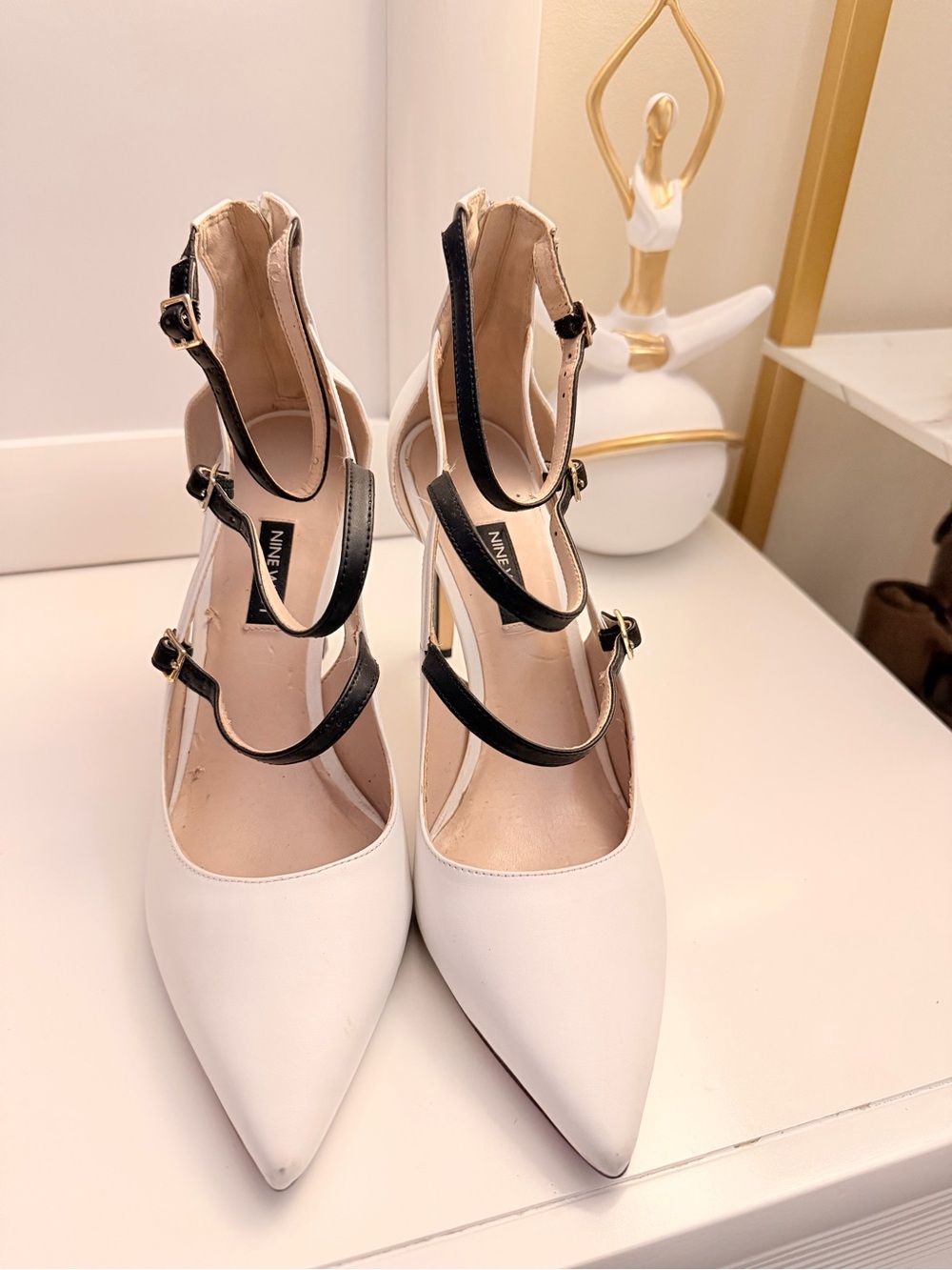 Nine West White Pointed Toe Heels with Black Triple Straps - Picture 2 of 6